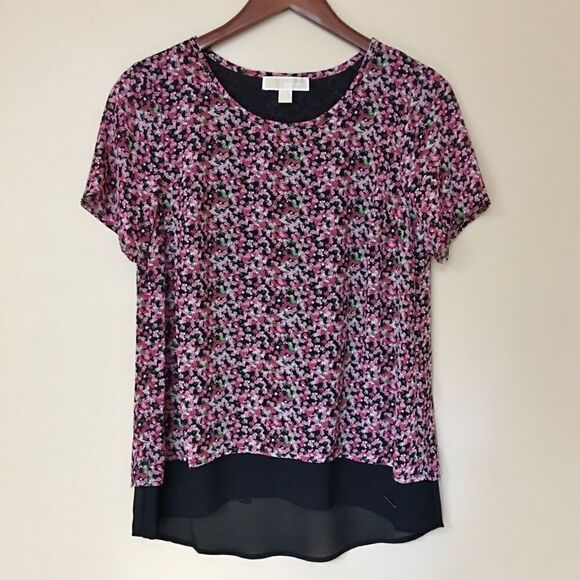 Michael Kors floral short sleeve pink & black split back top | Size Small - Picture 1 of 9